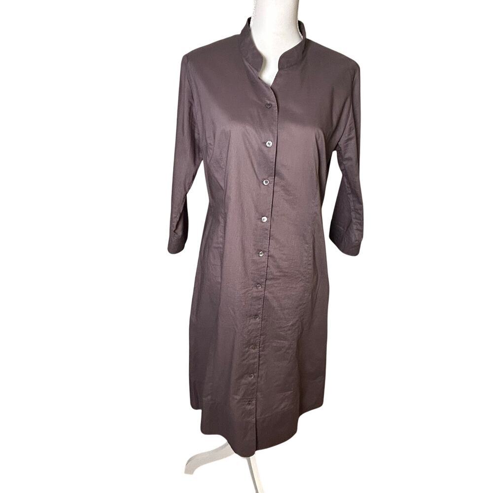 Garnet Hill Mauve 3/4 sleeve 100% cotton shirt midi dress mandarin collar sz10 *